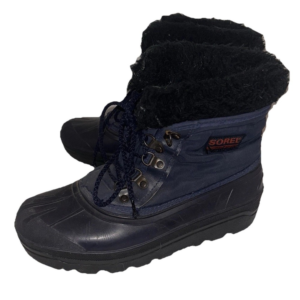 VTG Sorel Kaufman Canada Women 8 Navy Blue Black Faux Fur Trim Winter Snow Boots